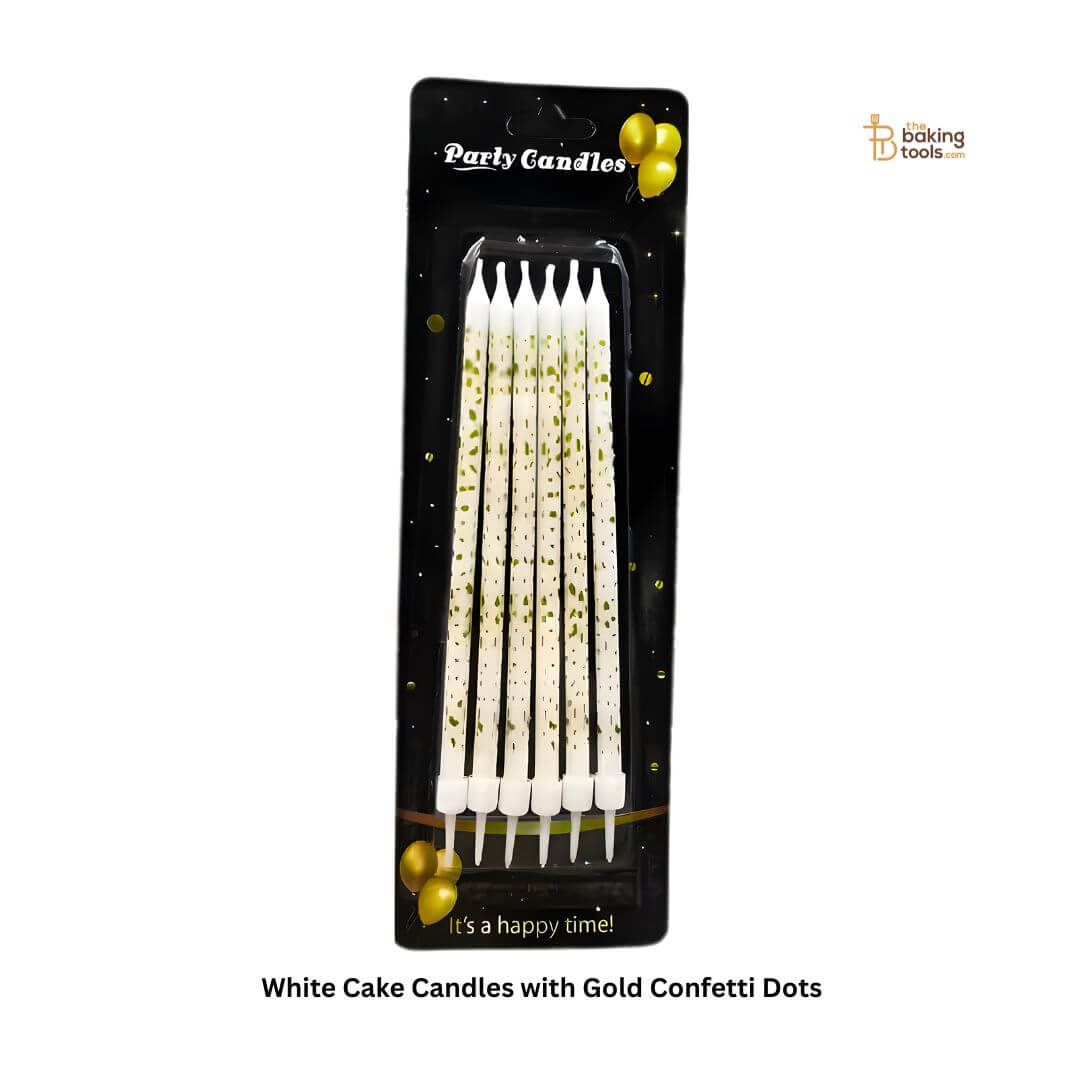 White Cake Candles with Gold Confetti Dots