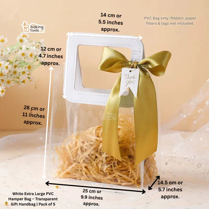 White extra large PVC hamper bag with a gold ribbon and tag, shown with dimensions on a beige background.