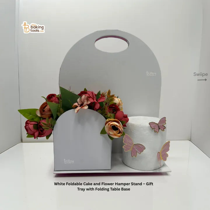 White Foldable Cake and Flower Hamper Stand – Gift Tray with Folding Table Base