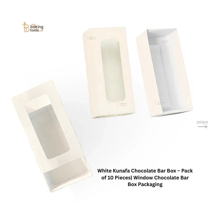White Kunafa chocolate bar boxes with clear window on a white background