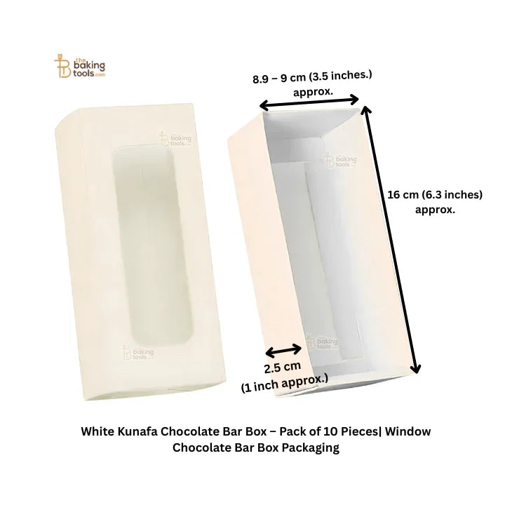 White Kunafa chocolate bar box packaging with dimensions and 'Baking Tools' branding.