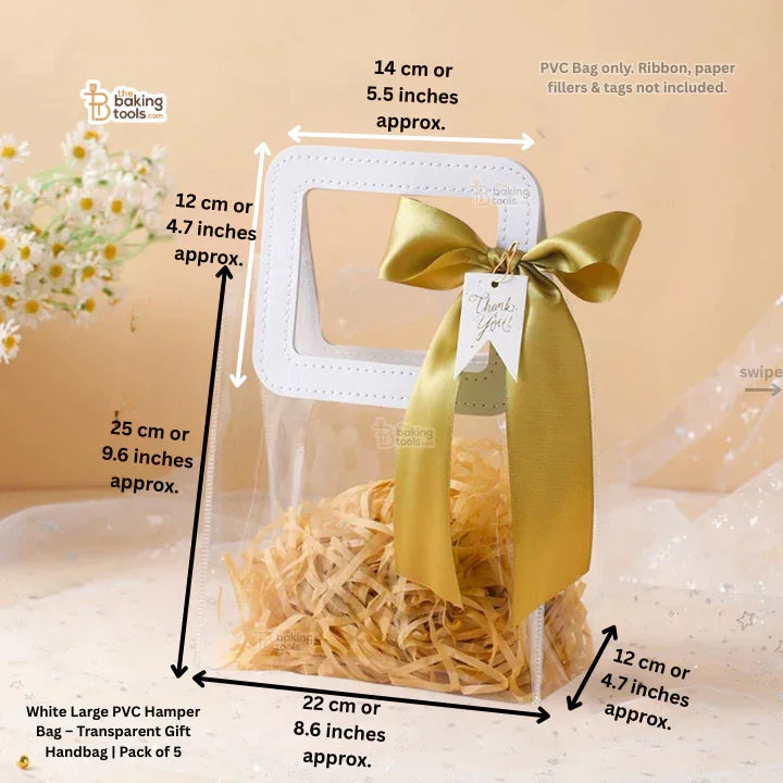 White large PVC hamper bag with a yellow ribbon and tag, showing dimensions and product details.