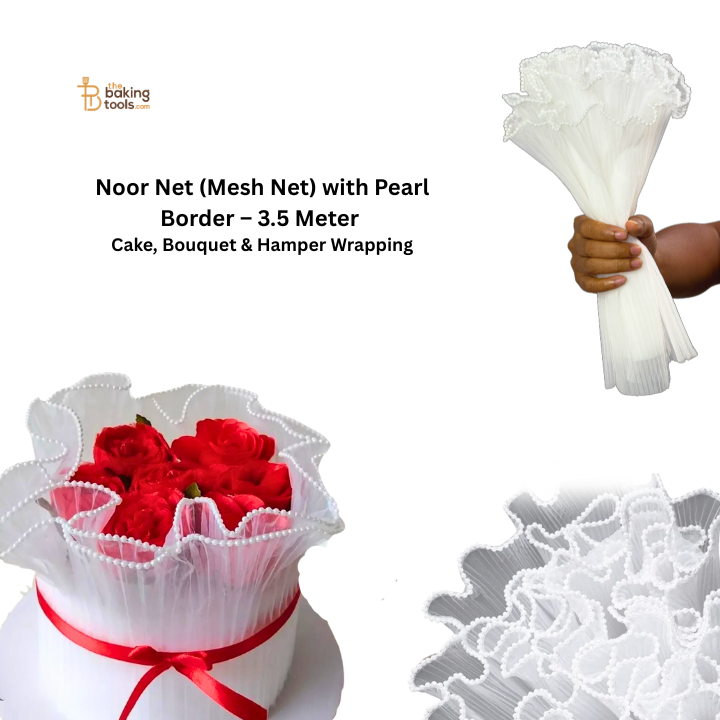 White Noor Net (Mesh Net) with Pearl Border – 3.5 Meter | Cake, Bouquet & Hamper Wrapping