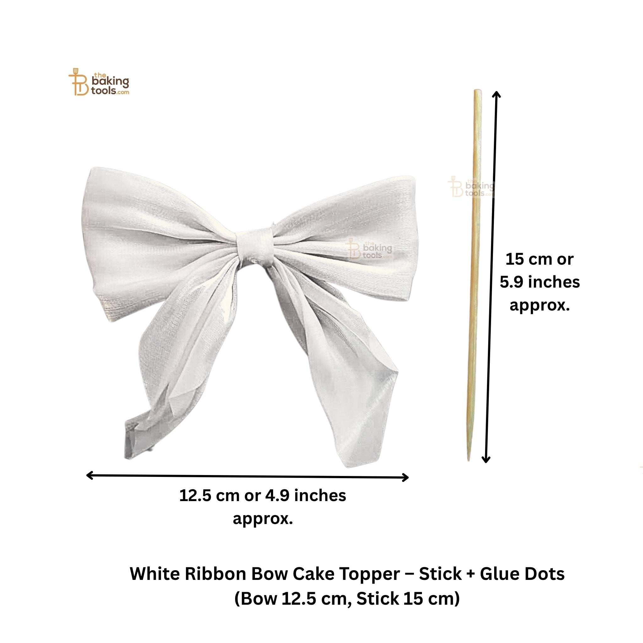 White ribbon bow cake topper with dimensions and materials on a white background