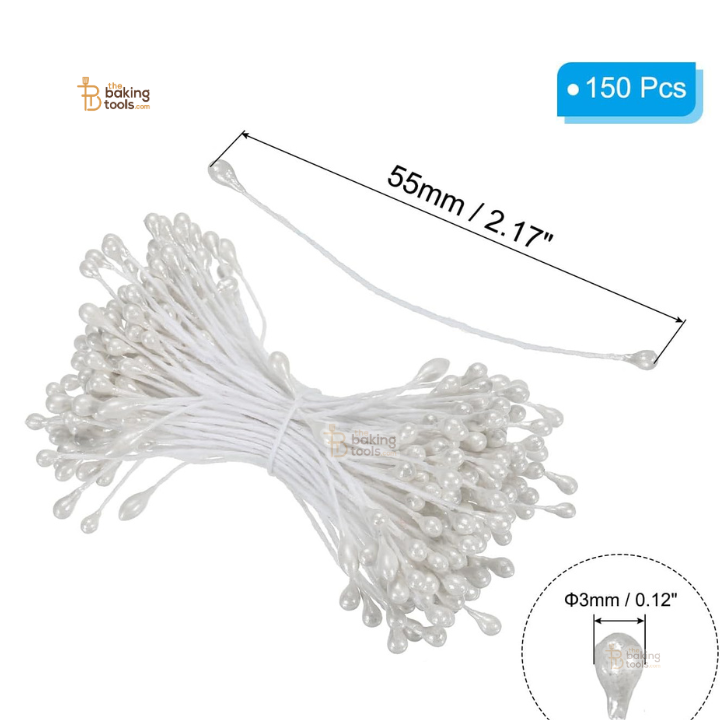 White- 150 Pcs Double Headed Pearlized Artificial Flower Stamens Pollens – 5.5cm for Sugar Flowers, Cake Decoration & Craft Making