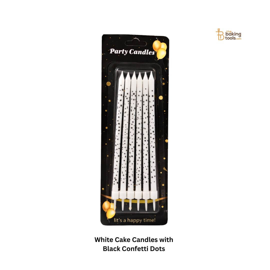 White Cake Candles with Black Confetti Dots