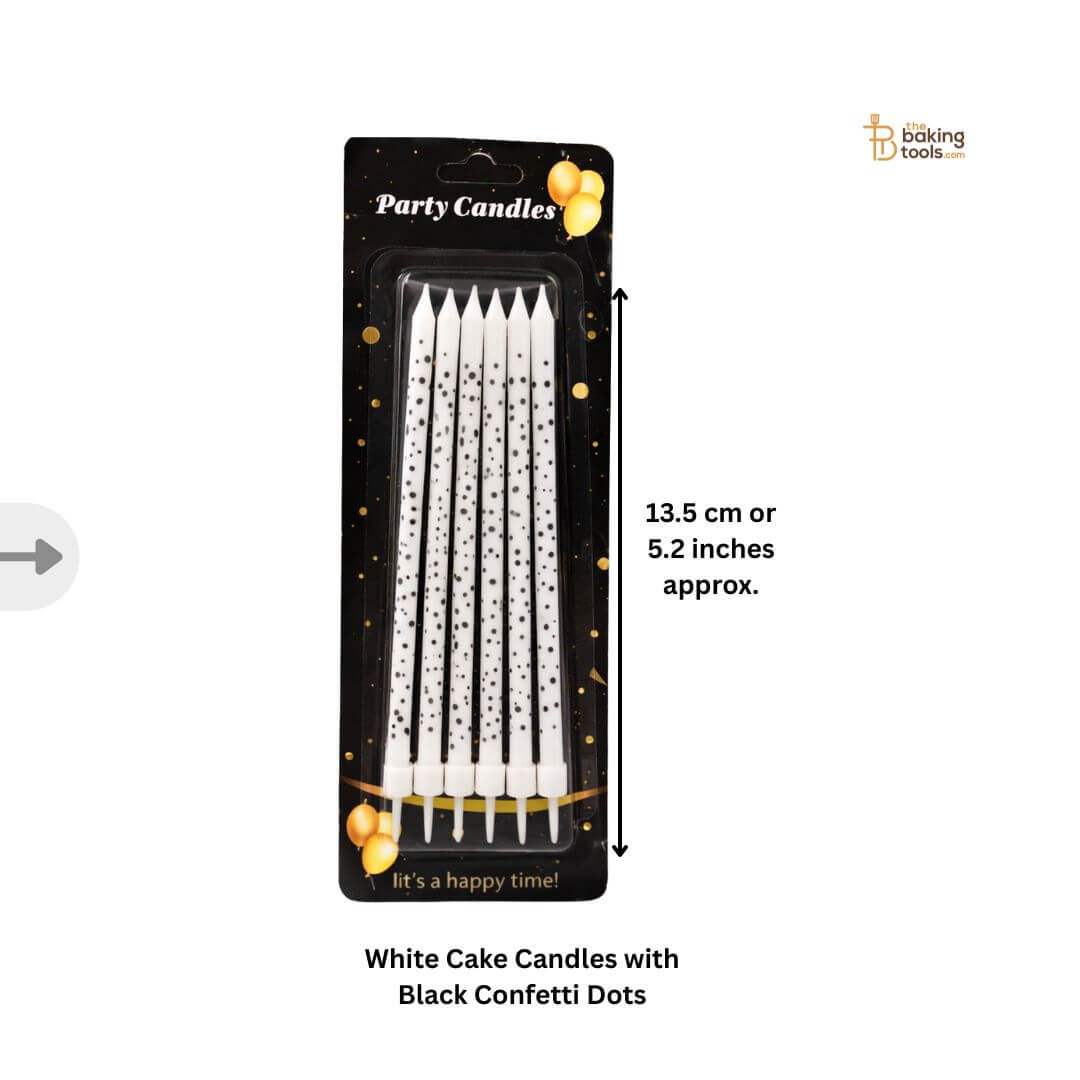 White Cake Candles with Black Confetti Dots