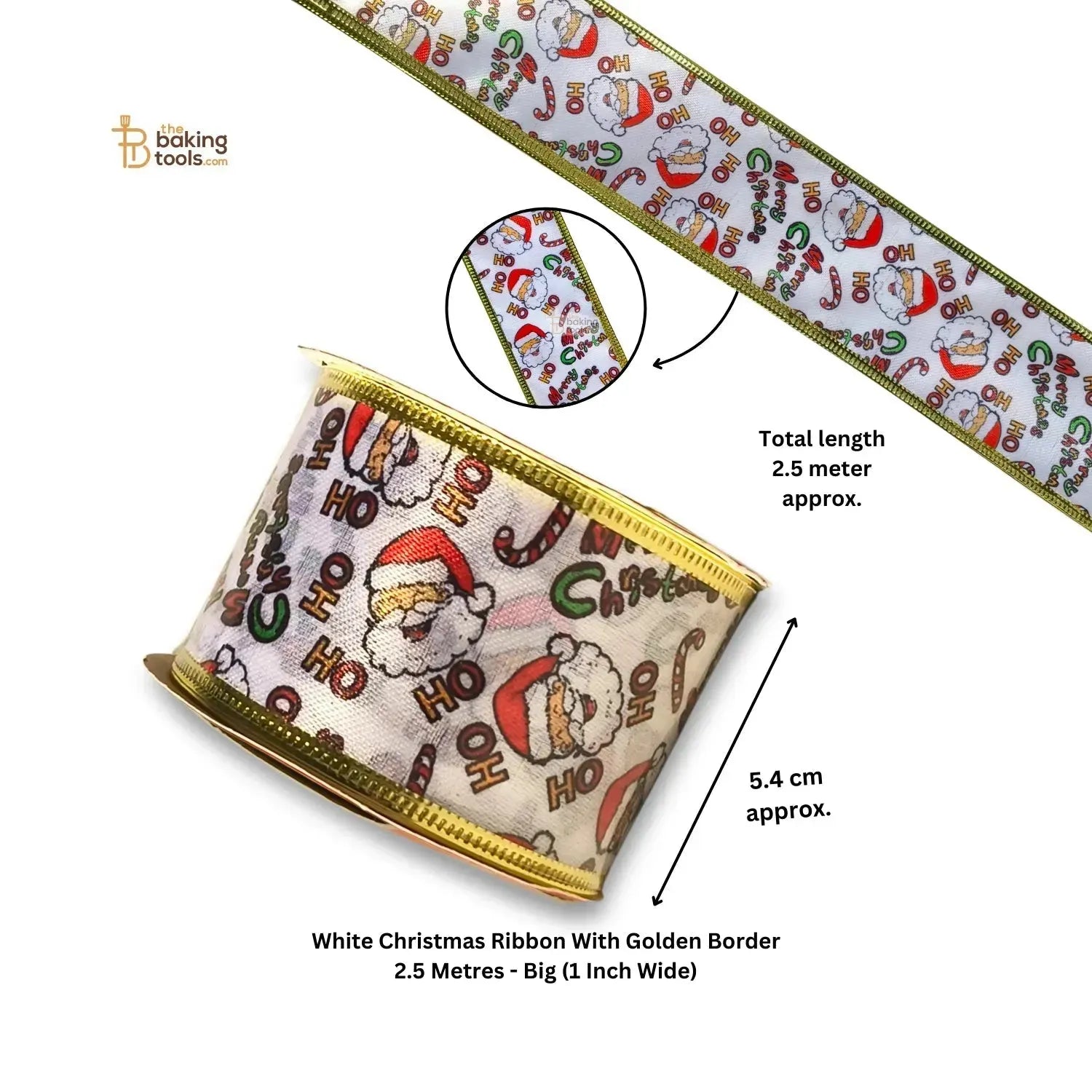 White Christmas Ribbon With Golden Border 2.5 Metres - Big (2 Inch Wide) - thebakingtools.com