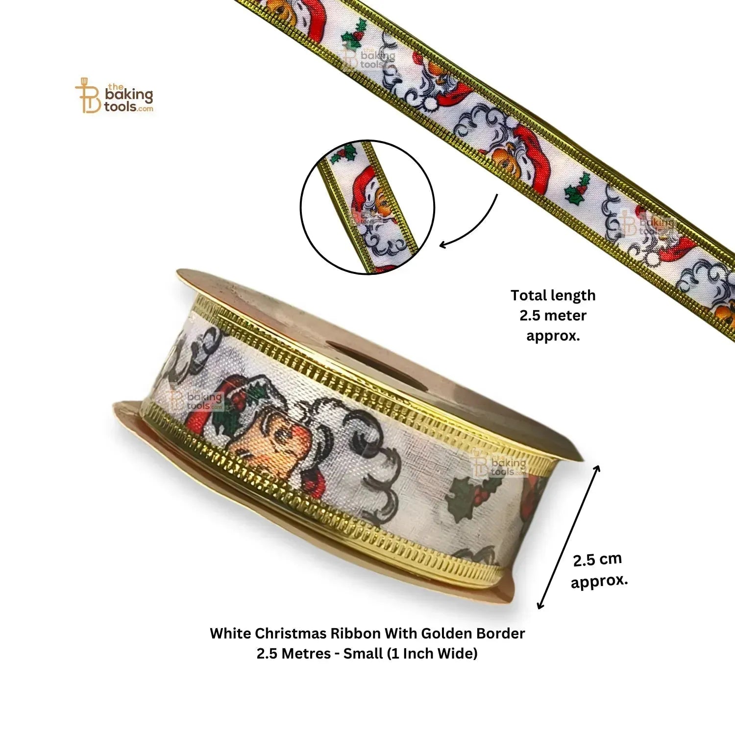White Christmas Ribbon With Golden Border 2.5 Metres - Small (1 Inch Wide) - thebakingtools.com