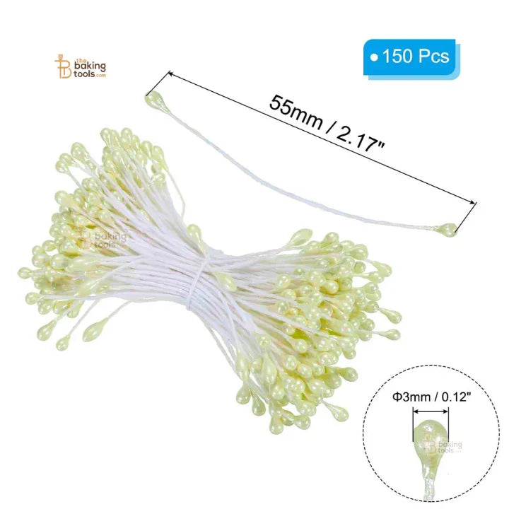 White Cream - 150 Pcs Double Headed Pearlized Artificial Flower Stamens Pollens – 5.5cm for Sugar Flowers, Cake Decoration & Craft Making