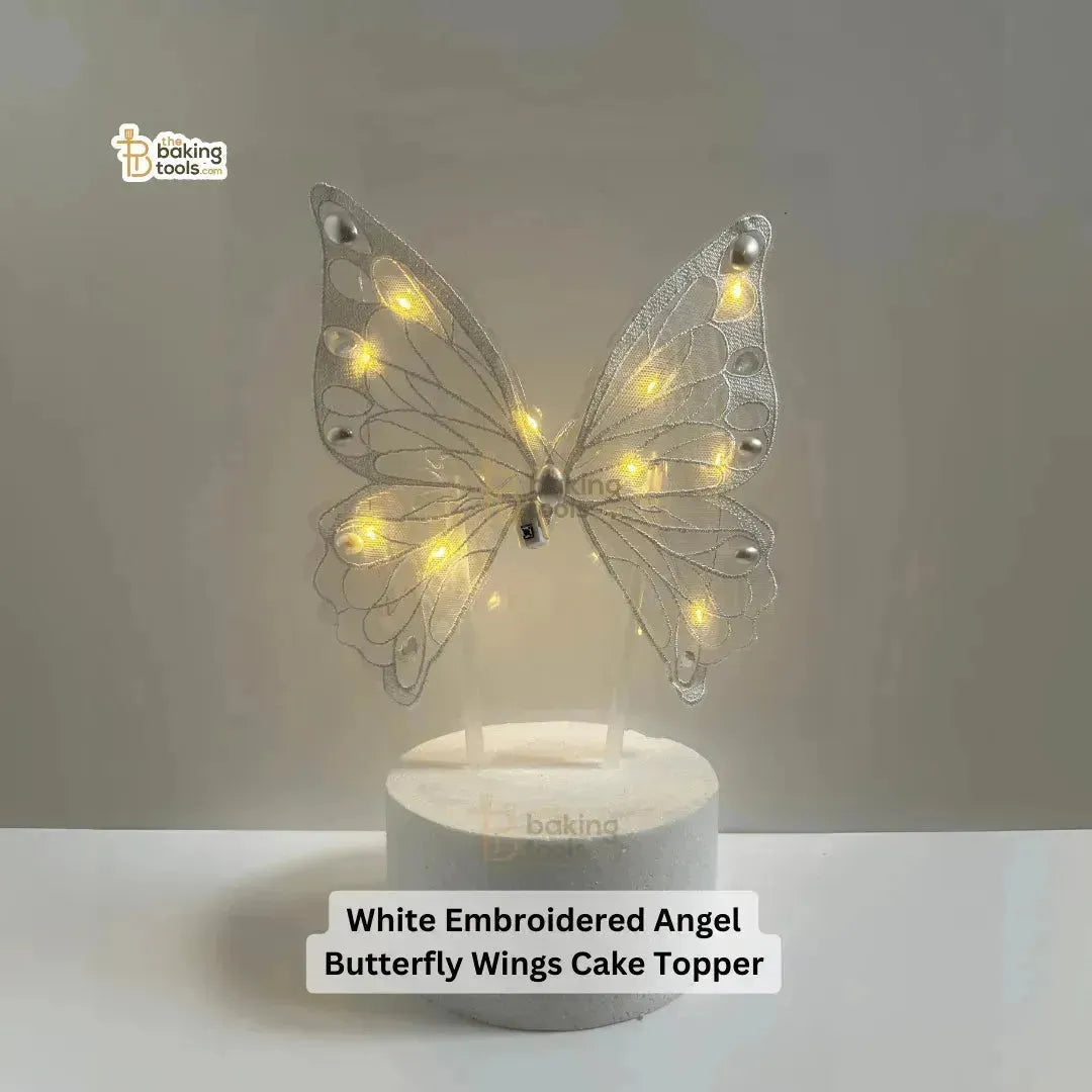 White Embroidered Angel Butterfly Wings Topper with Warm Yellow Light - thebakingtools.com