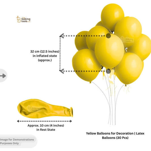 Yellow balloons with measurements. Inflated state: 32 cm (12.5 inches) 
Rest state: Approximately 10 cm (4 inches)