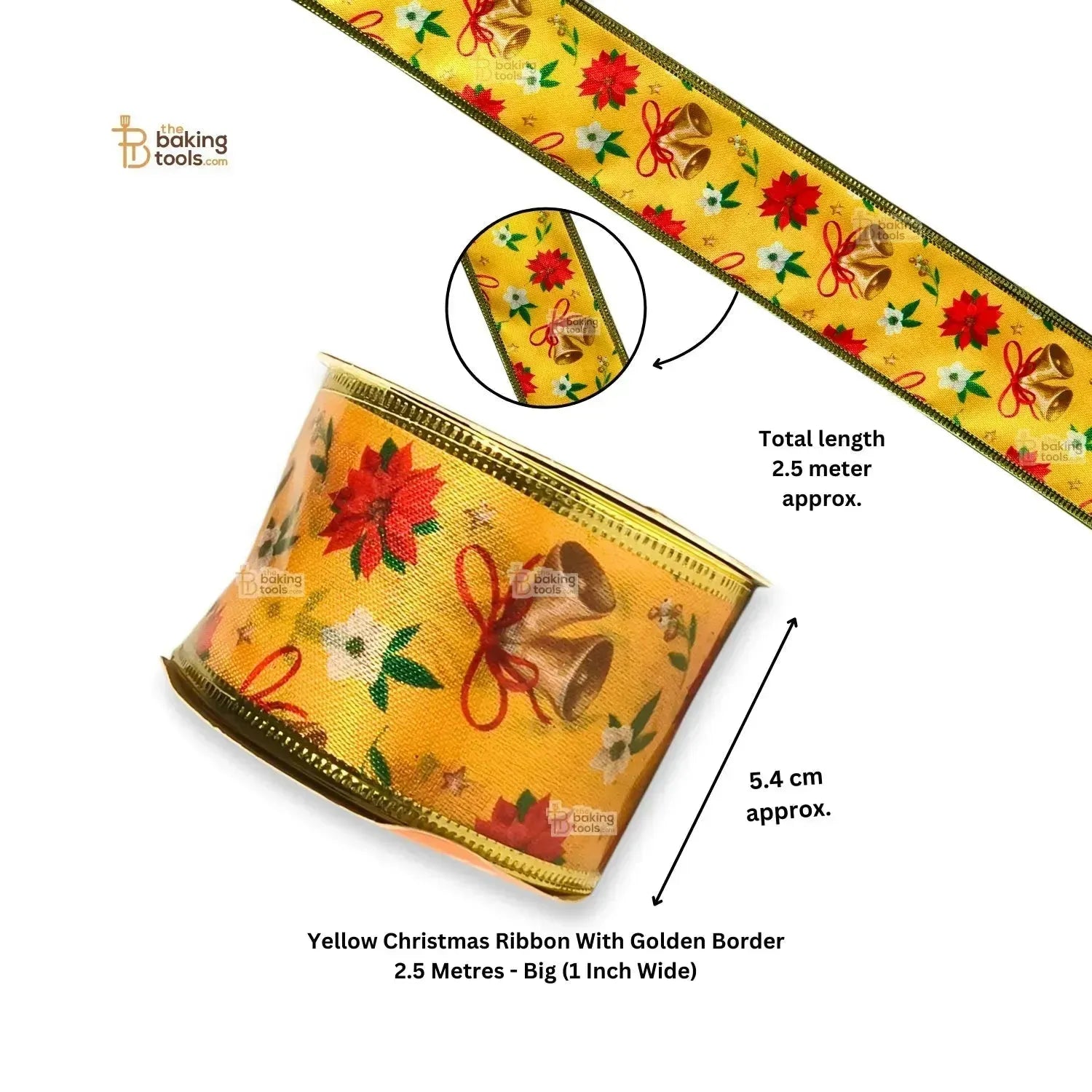 Yellow Christmas Ribbon With Golden Border 2.5 Metres - Big (2 Inch Wide) - thebakingtools.com