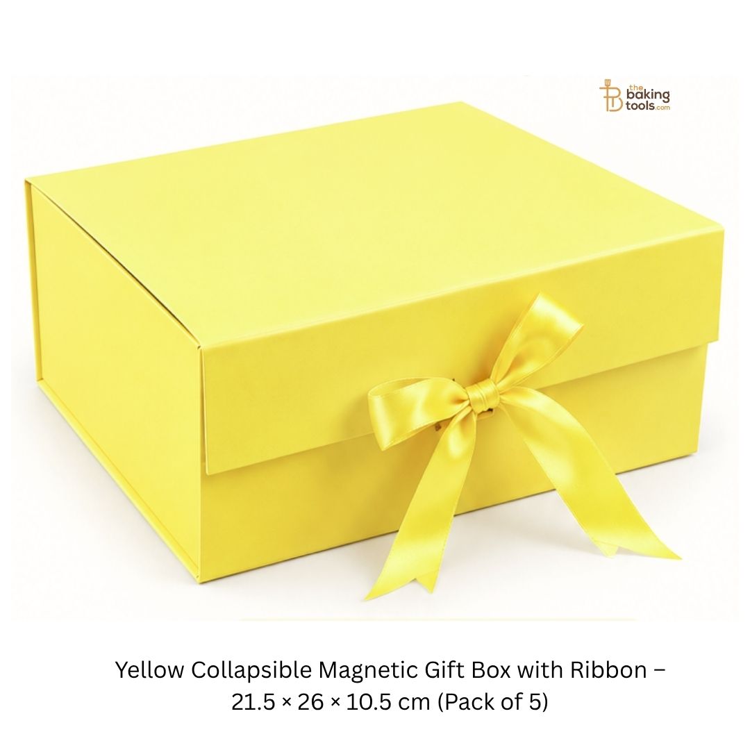 Yellow Collapsible Magnetic Gift Hamper Box with Ribbon – 21.5 × 26 × 10.5 cm (Pack of 5)