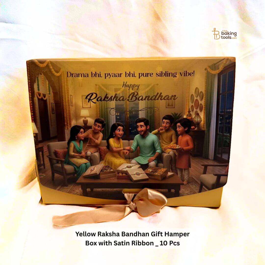 Chrome Yellow Raksha Bandhan Gift Hamper Box with Satin Ribbon _ 10 Pcs _ The Baking Tools with white curtain background