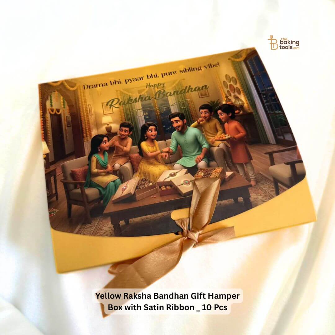 Chrome Yellow Raksha Bandhan Gift Hamper Box with Satin Ribbon _ 10 Pcs _ The Baking Tools with white background curtain laying upfront