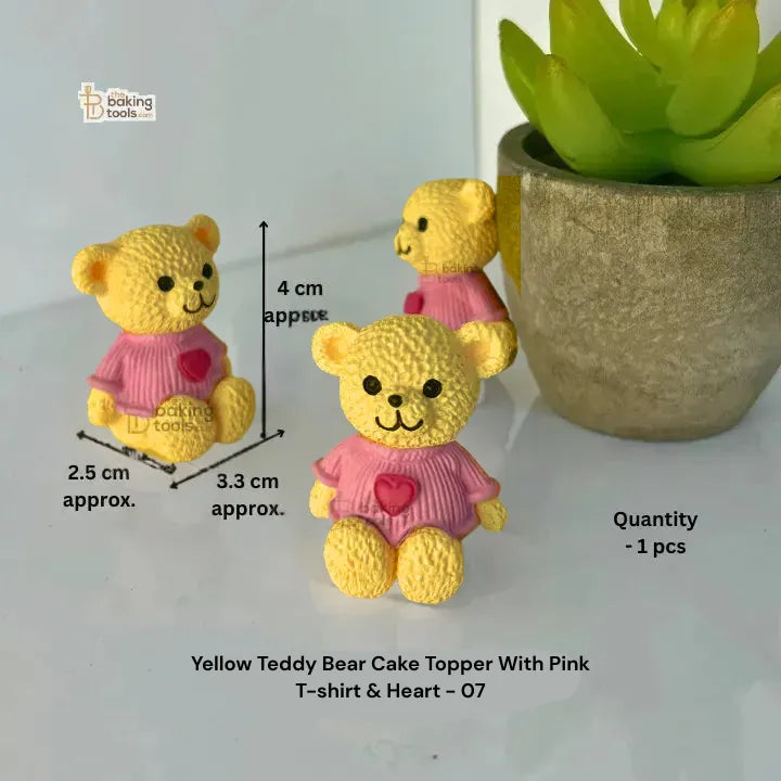 Yellow Teddy Bear Cake Topper With Pink T-shirt & Heart - 07 - thebakingtools.com
