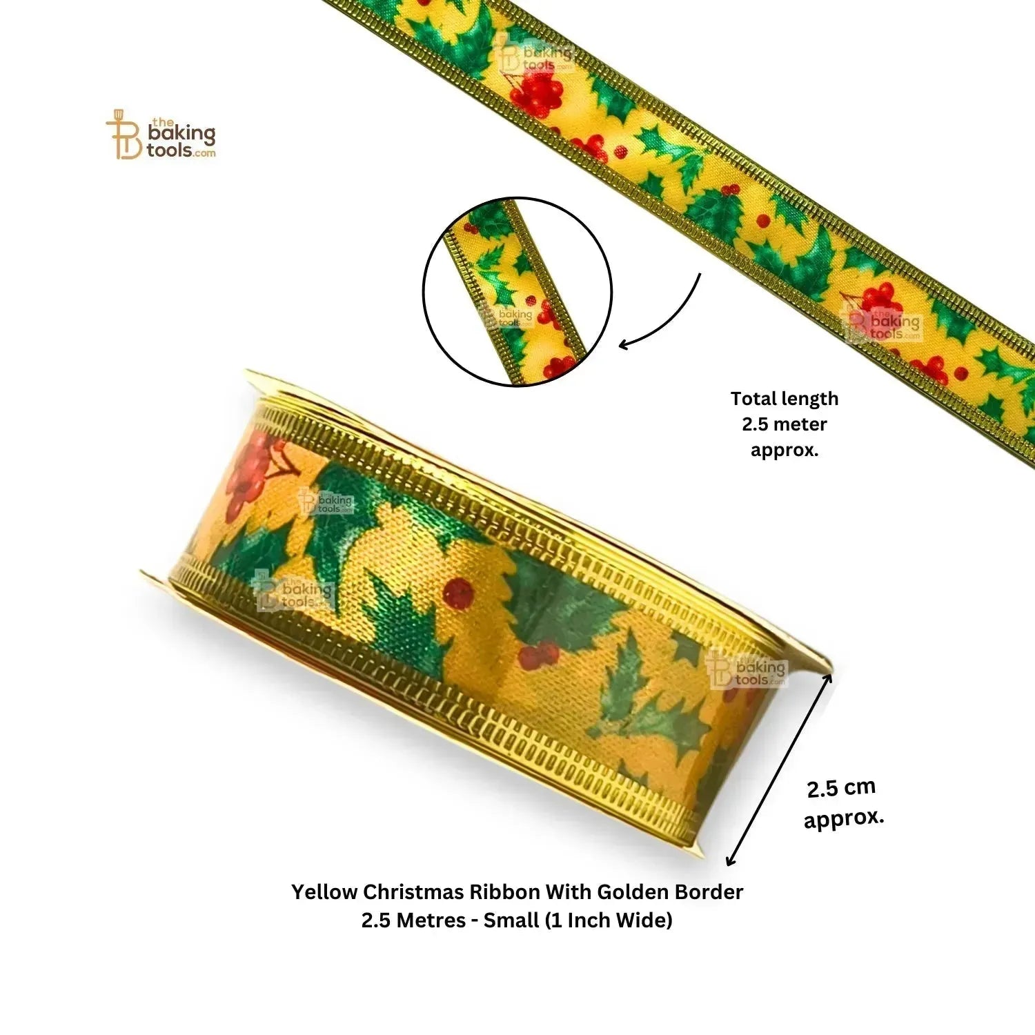 Yellow Christmas Ribbon With Golden Border 2.5 Metres - Small (1 Inch Wide) - thebakingtools.com