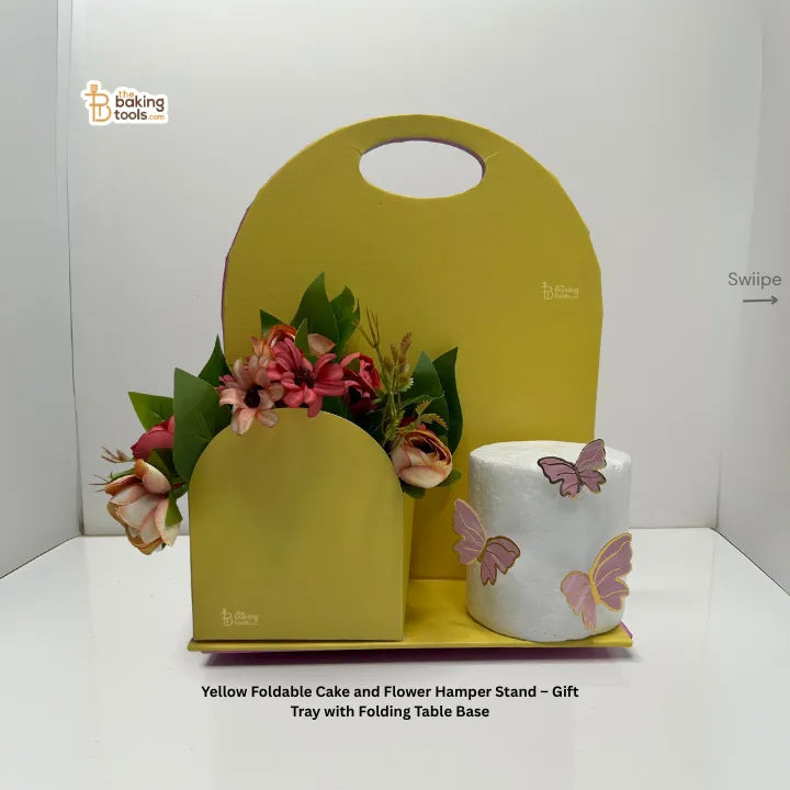 Yellow Foldable Cake and Flower Hamper Stand – Gift Tray with Folding Table Base