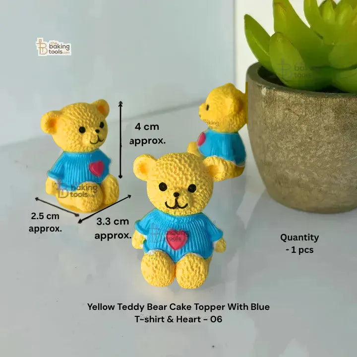 Yellow Teddy Bear Cake Topper With Blue T-shirt & Heart - 06 - thebakingtools.com