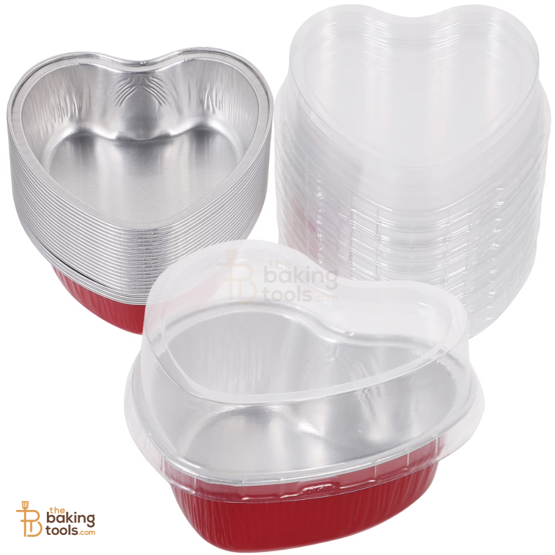 Heart Shaped Aluminium Baking Cups with Lids – 100 ml (Pack of 25, Red)