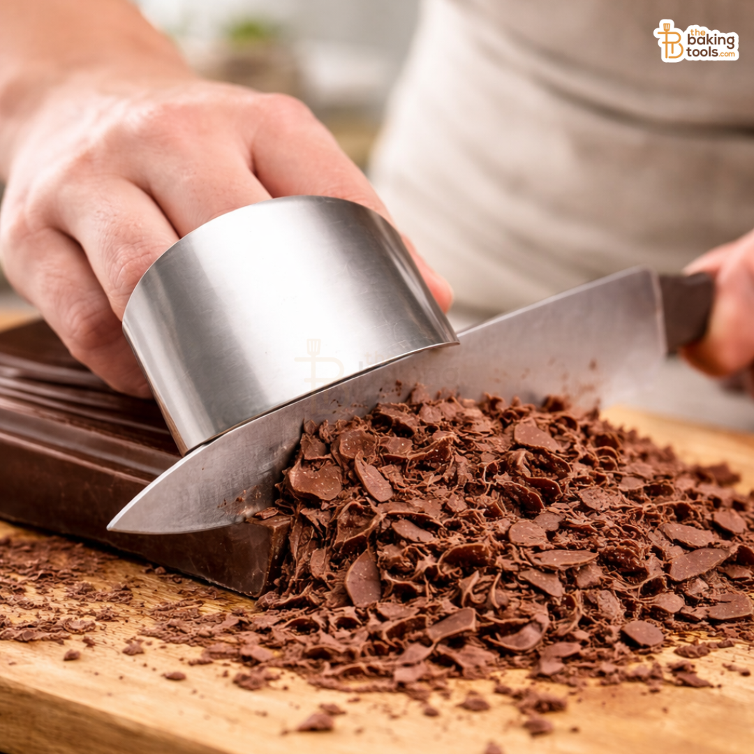 Person using a knife to chop chocolate on a wooden board with 'Baking Tools' logo.