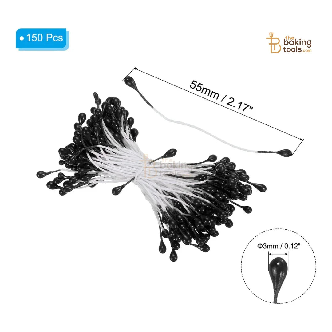 Black - 150 Pcs Double Headed Pearlized Artificial Flower Stamens Pollens – 5.5cm for Sugar Flowers, Cake Decoration & Craft Making