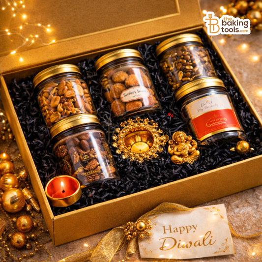 Gift set with jars of snacks and a candle in a decorative box, featuring 'Happy Diwali' card.