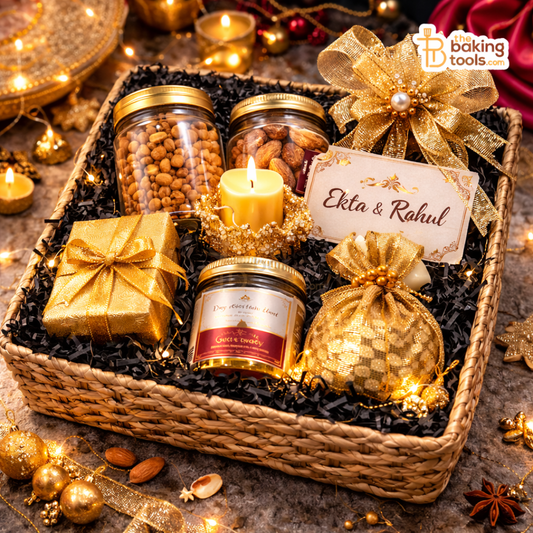 Gift basket with candles, jars, and decorative items on a festive background