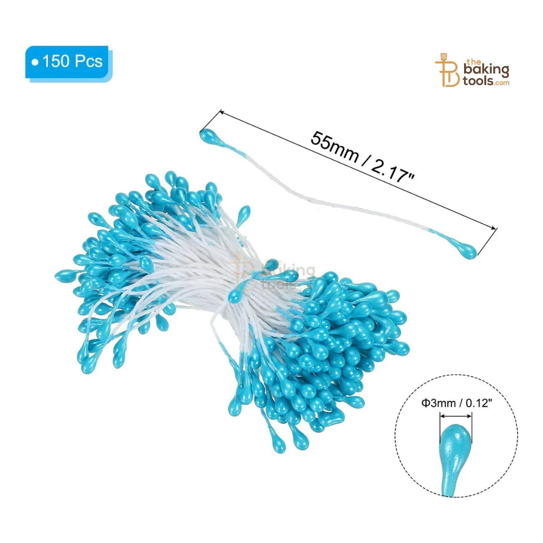 Blue - 150 Pcs Double Headed Pearlized Artificial Flower Stamens Pollens – 5.5cm for Sugar Flowers, Cake Decoration & Craft Making