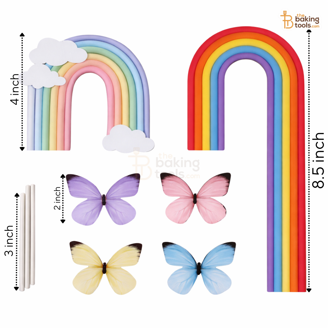 Colorful rainbow and butterfly decorations with measurements on a white background