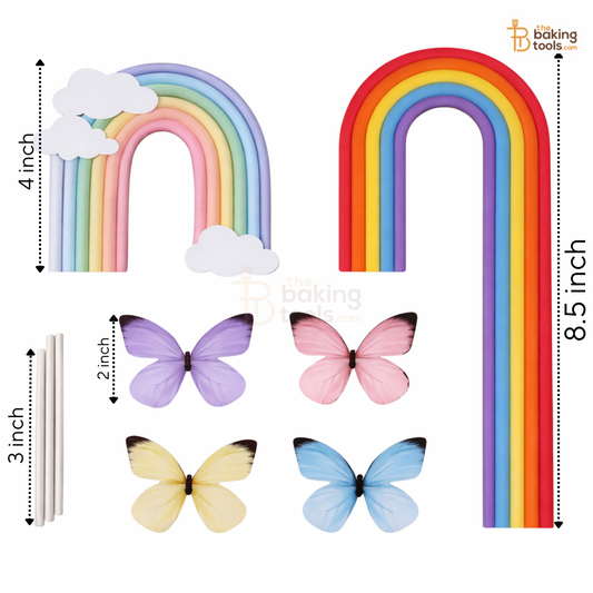 Colorful rainbow and butterfly decorations with measurements on a white background