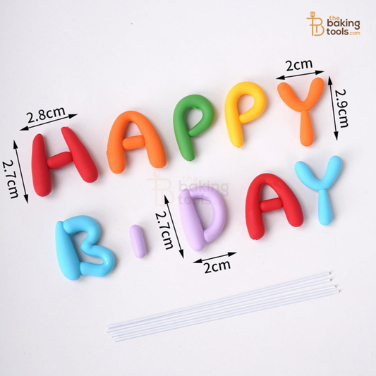 Colorful 'Happy Birthday' letter-shaped fondant decorations with dimensions on a white background.
