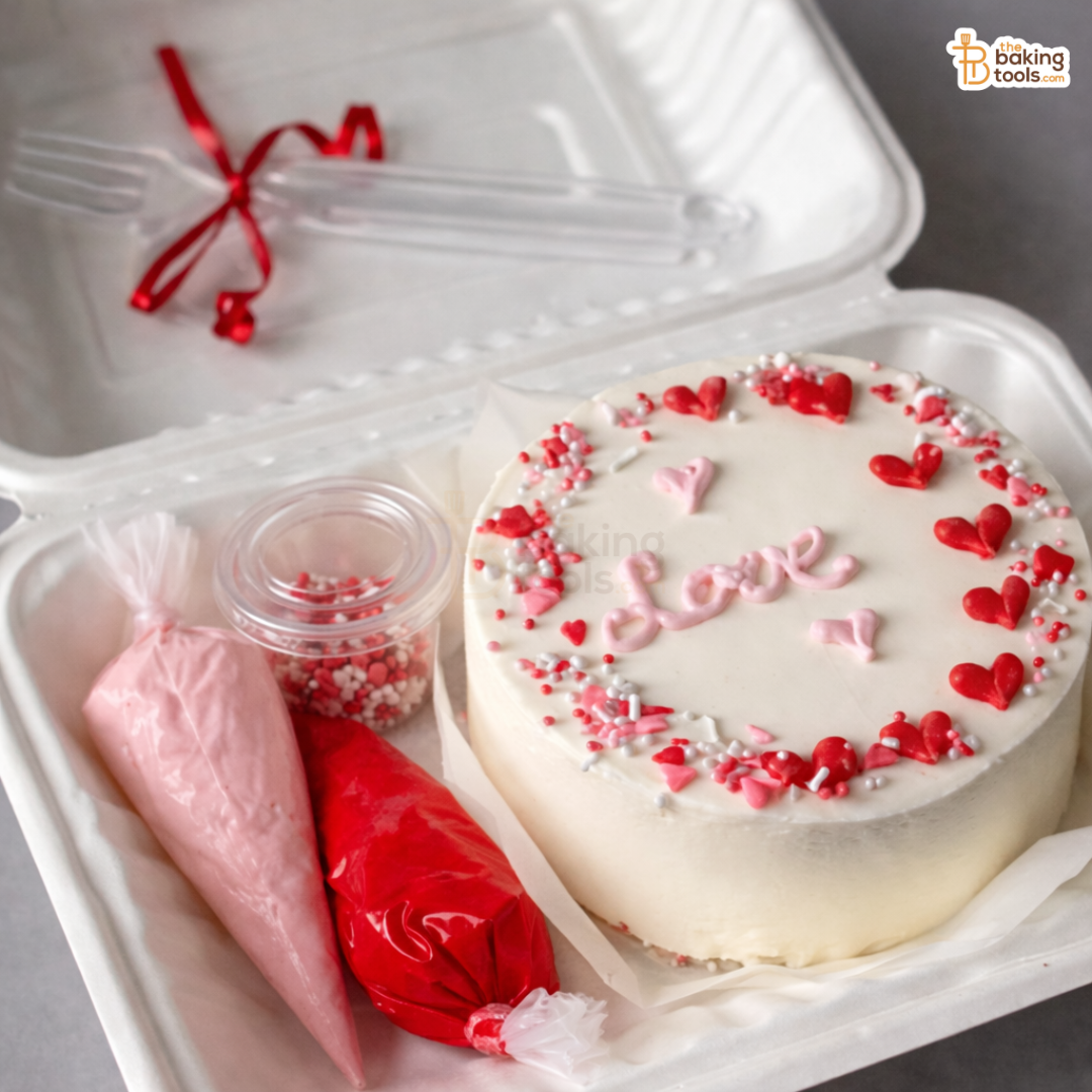 Decorative cake with 'Love' text and heart shapes in a takeout container with baking tools.