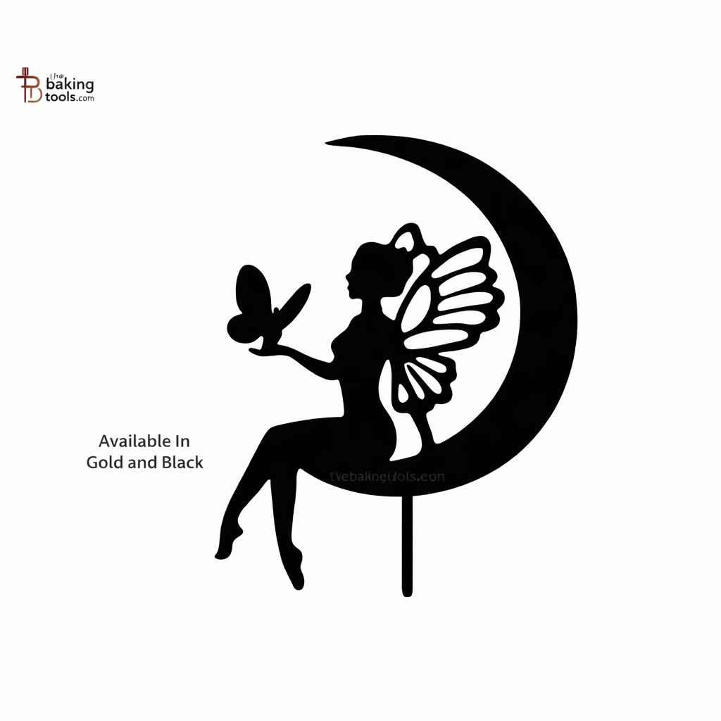 Fairy Holds Butterfly On Moon Acrylic Cake Topper (Gold & Black) MD-17