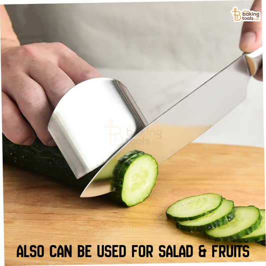 Knife slicing a cucumber on a wooden cutting board with text 'Also can be used for salad & fruits'.