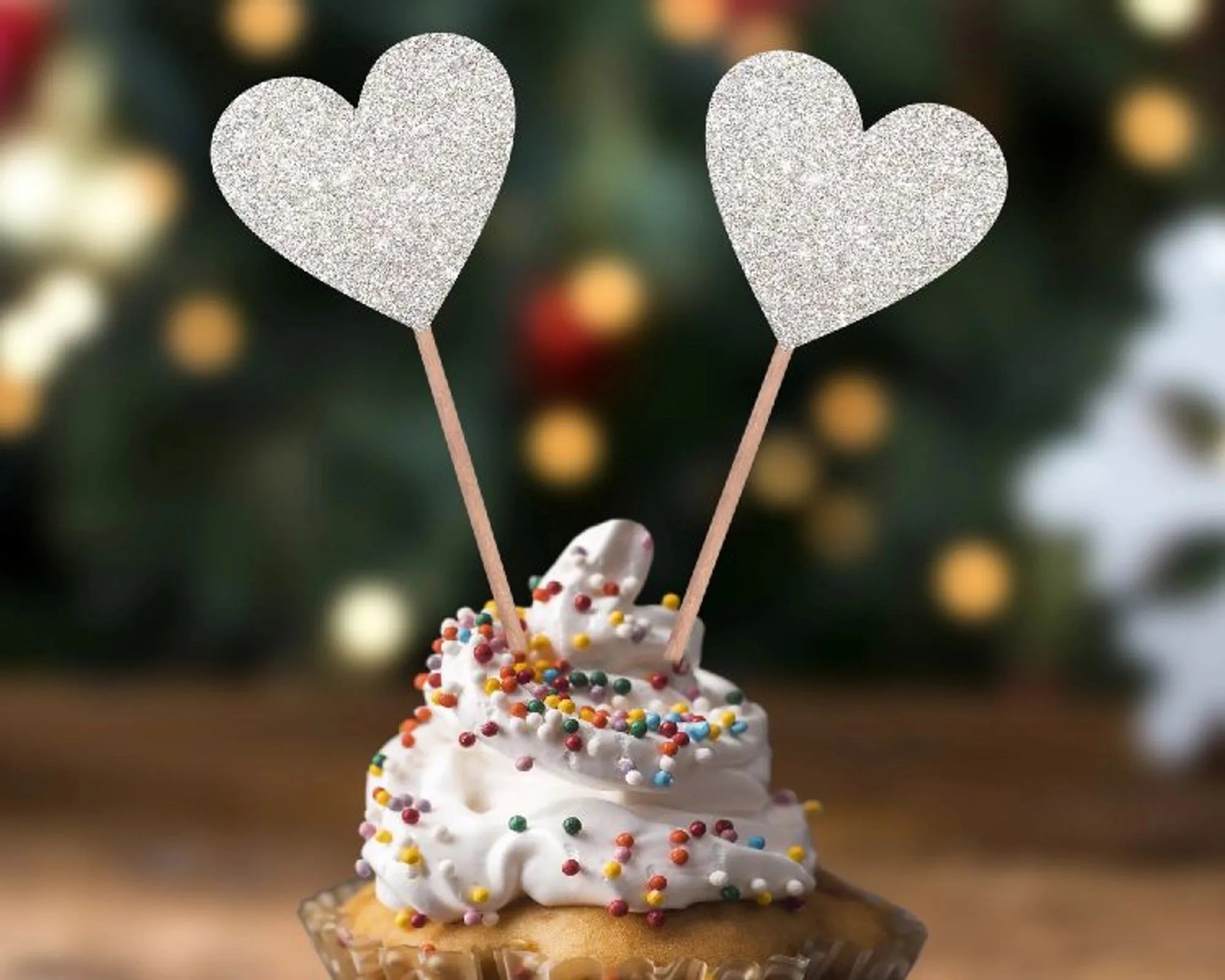Glitter Heart Cake Topper, 10-Pieces Pack, Silver - thebakingtools.com