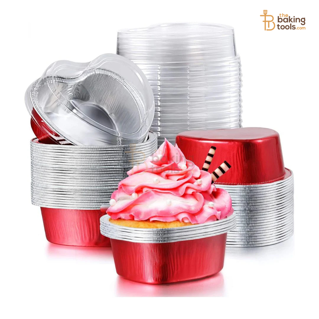 Heart Shaped Aluminium Baking Cups with Lids – 100 ml (Pack of 25, Red)