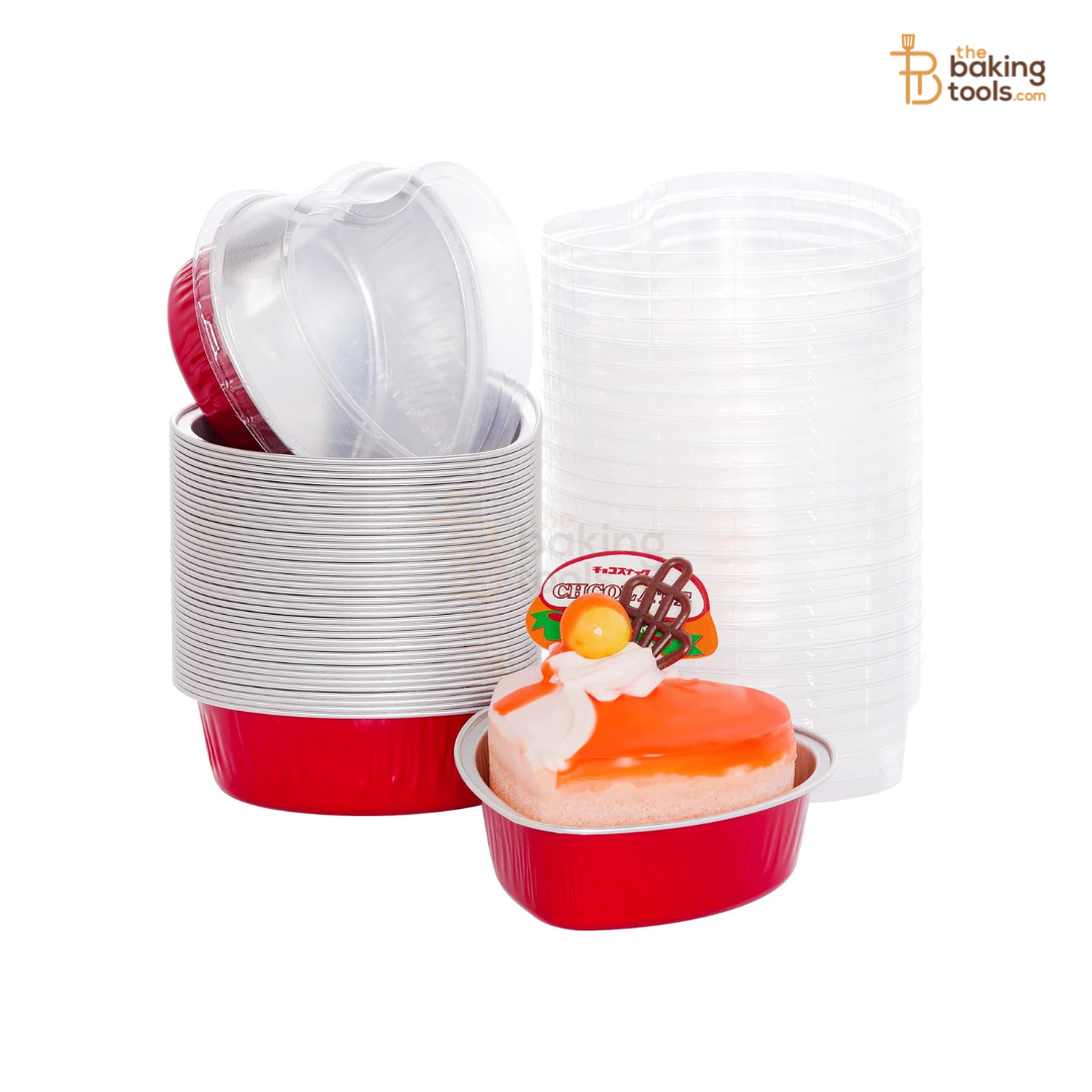 Heart Shaped Aluminium Baking Cups with Lids – 100 ml (Pack of 25, Red)