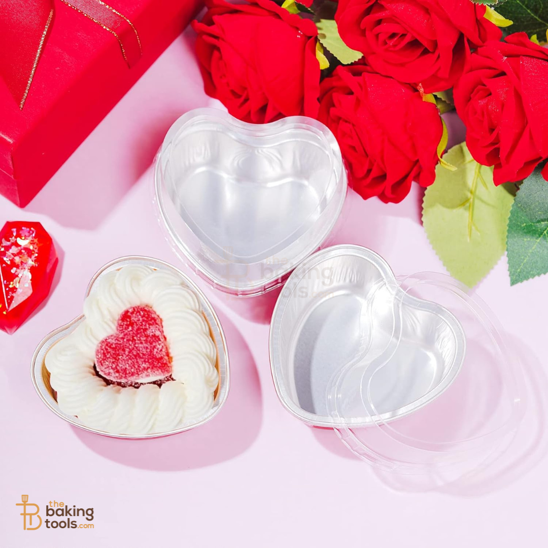 Heart Shaped Aluminium Baking Cups with Lids – 100 ml (Pack of 25, Red)