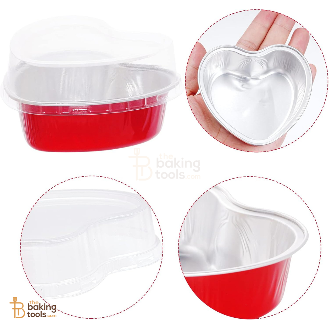 Heart Shaped Aluminium Baking Cups with Lids – 100 ml (Pack of 25, Red)