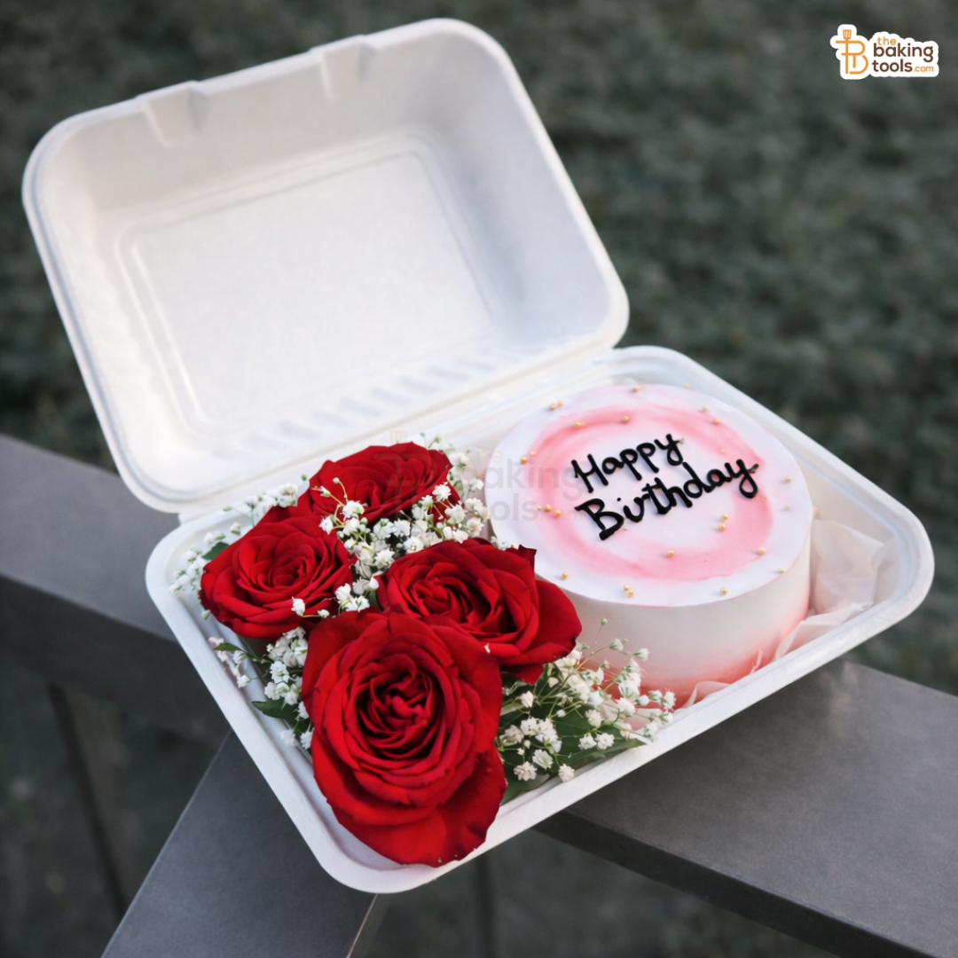 Small pink birthday cake with 'Happy Birthday' message and red roses in a takeout container.