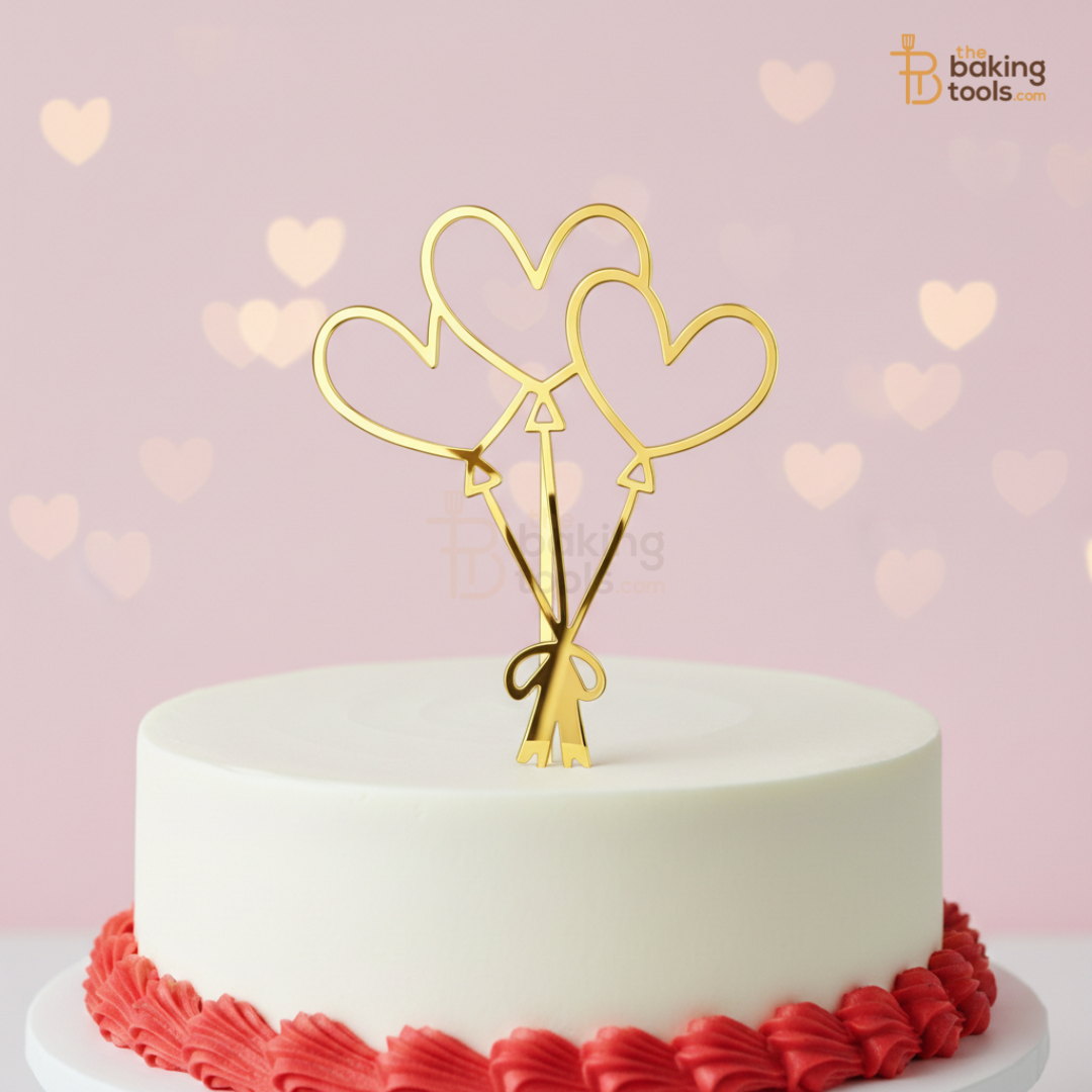 Valentine 3 Heart Balloon Acrylic Cake Topper – Mirror Gold (3 Inch, Pack of 5)