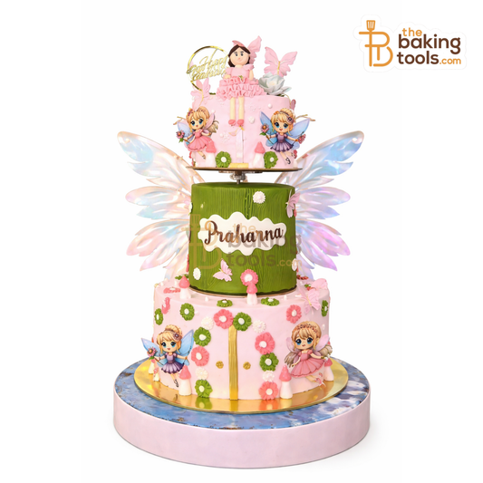 fairy theme cake reveal using moving cake stand up and down display stand