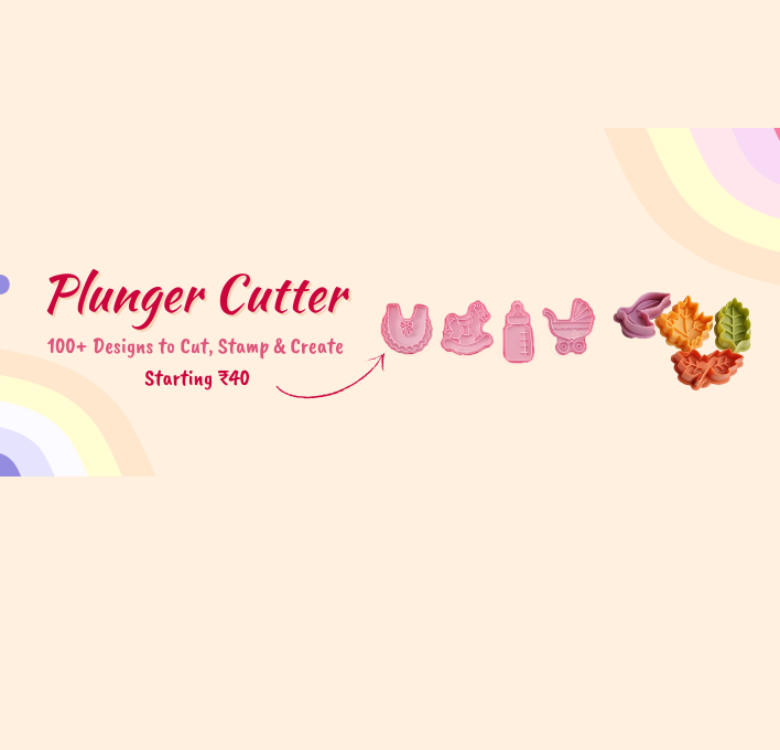 Plunger cutter with various designs on a light pink background