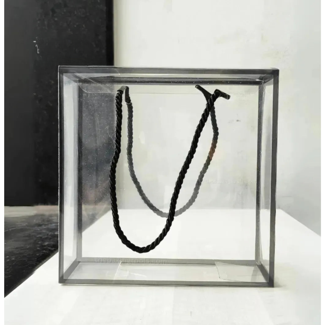 Medium Black Border PVC Clear Transparent Plastic Hamper Gift Bag With Lace Handle (Pack Of 5) - 004