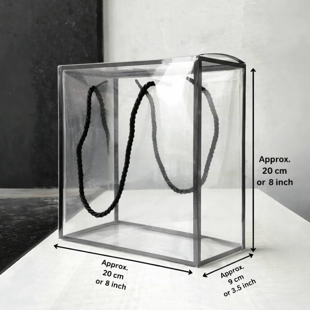 Medium Black Border PVC Clear Transparent Plastic Hamper Gift Bag With Lace Handle (Pack Of 5) - 004