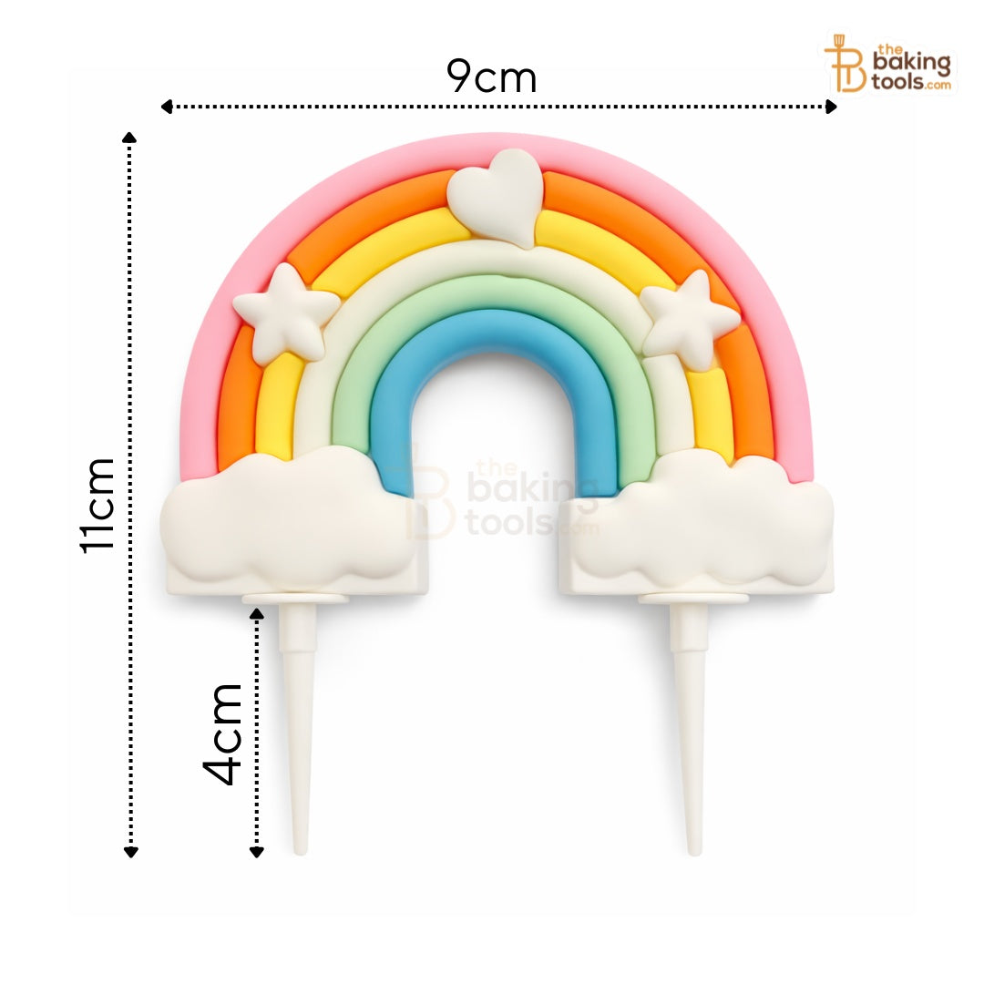 Rainbow cake topper with stars and clouds, shown with measurements on a white background.