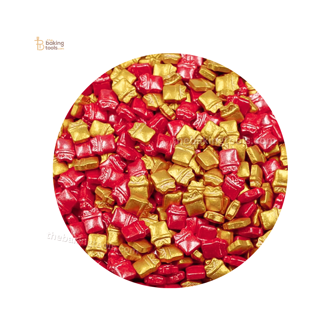 Golden and Red Gift Box Shape Decorative Confetti Sugar Beads For Cake Decoration - thebakingtools.com