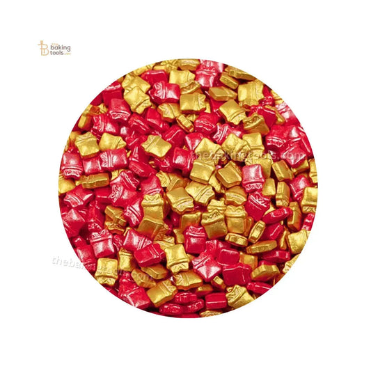 Golden & Red Gift Box Shape Decorative Confetti Sugar Beads For Christmas - thebakingtools.com